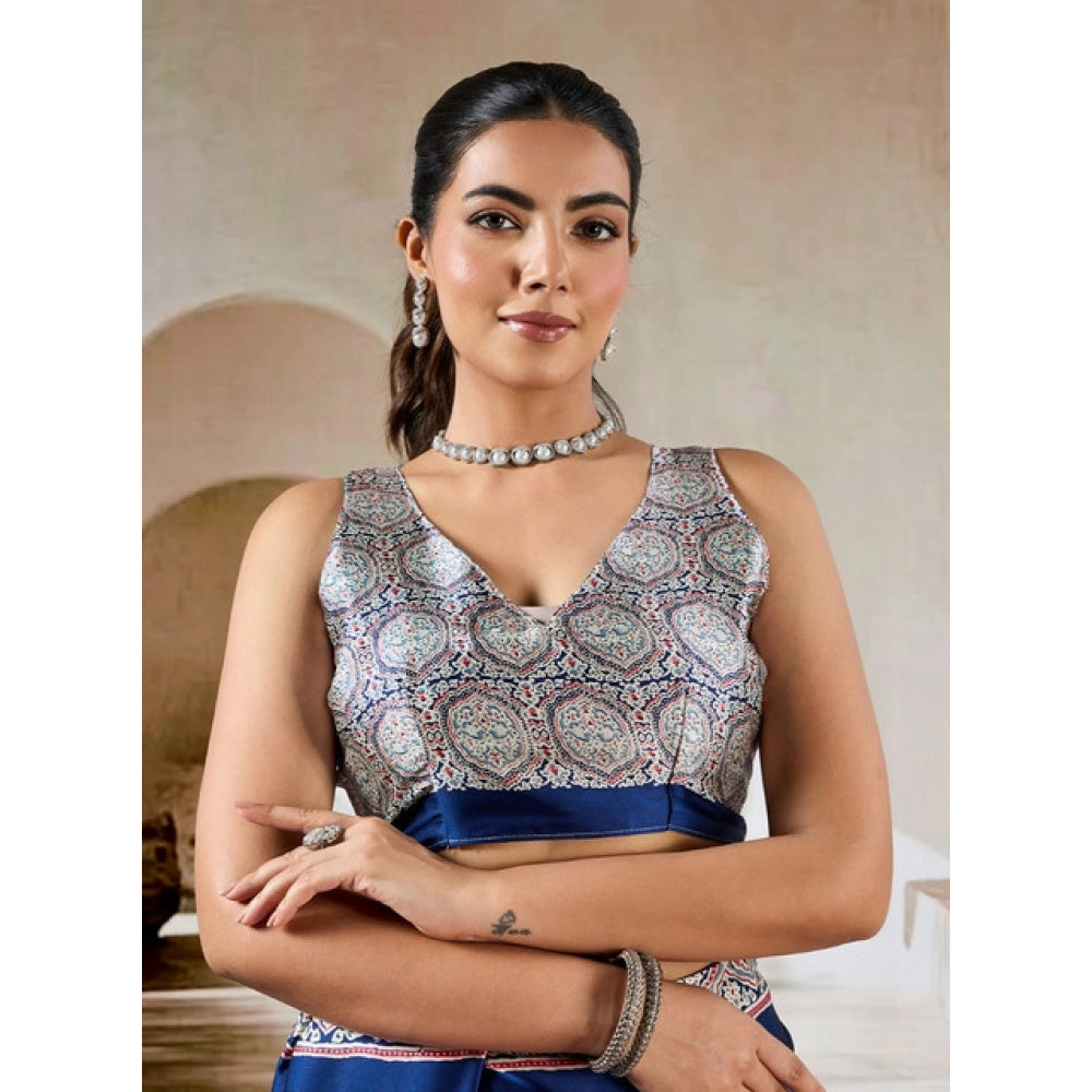 Amfyn Women's Satin Crepe Printed Saree With Unstitched Blouse 5.5Mtr (Blue)
