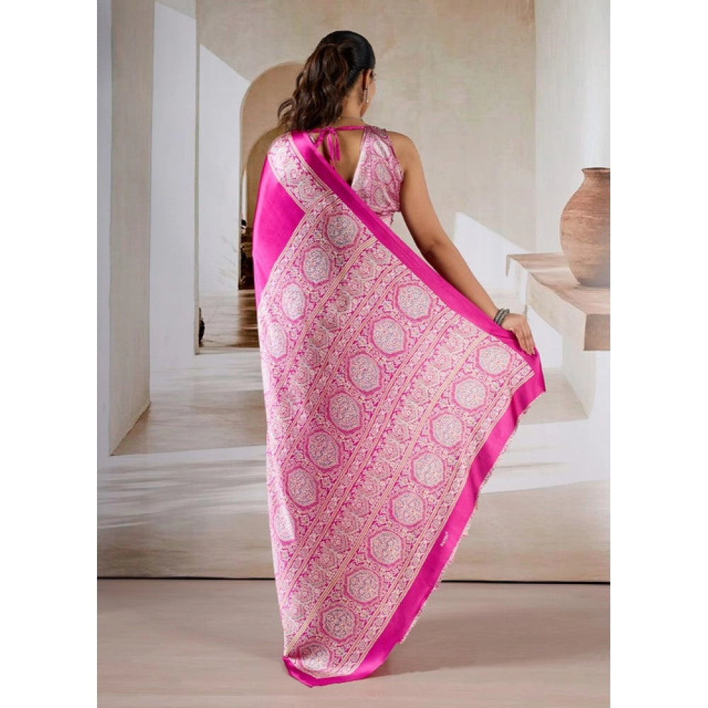 Amfyn Women's Satin Crepe Printed Saree With Unstitched Blouse 5.5Mtr (Pink)