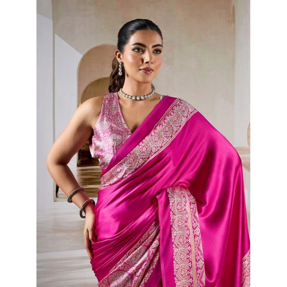 Amfyn Women's Satin Crepe Printed Saree With Unstitched Blouse 5.5Mtr (Pink)