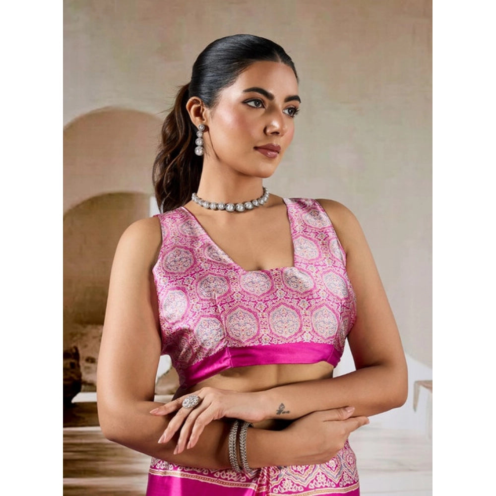 Amfyn Women's Satin Crepe Printed Saree With Unstitched Blouse 5.5Mtr (Pink)