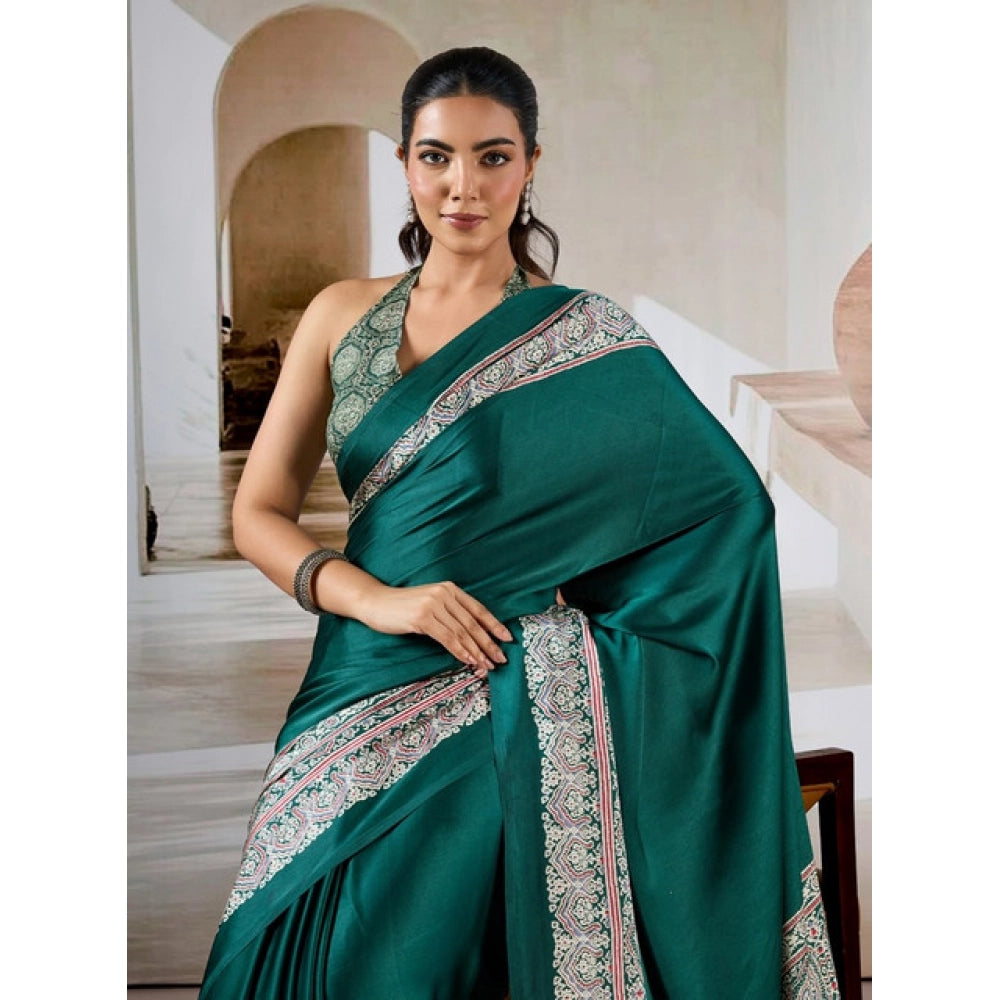Amfyn Women's Satin Crepe Printed Saree With Unstitched Blouse 5.5Mtr (Green)