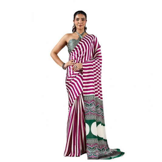 Amfyn Women's Satin Crepe Printed Saree With Unstitched Blouse 5.5Mtr (Magenta)