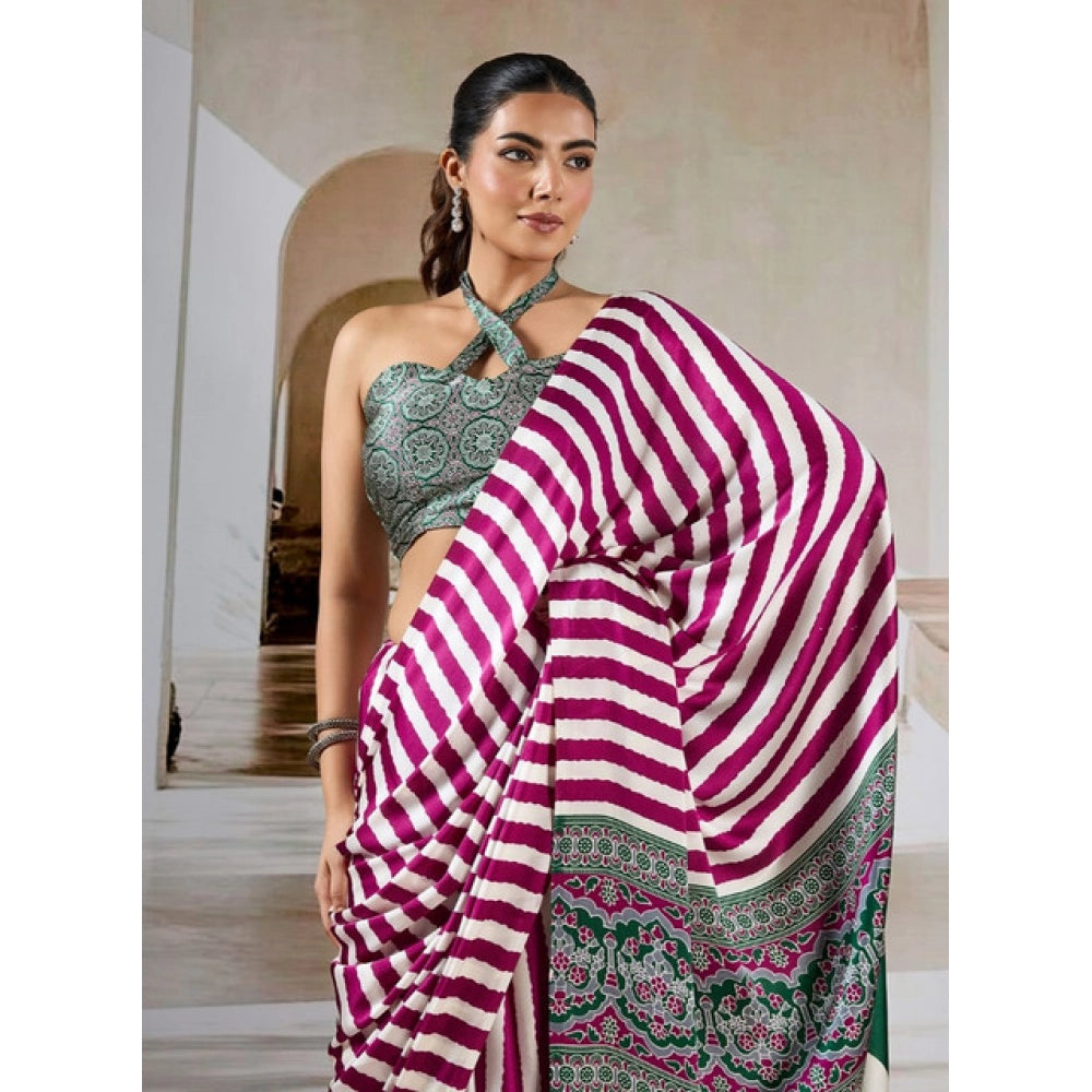 Amfyn Women's Satin Crepe Printed Saree With Unstitched Blouse 5.5Mtr (Magenta)