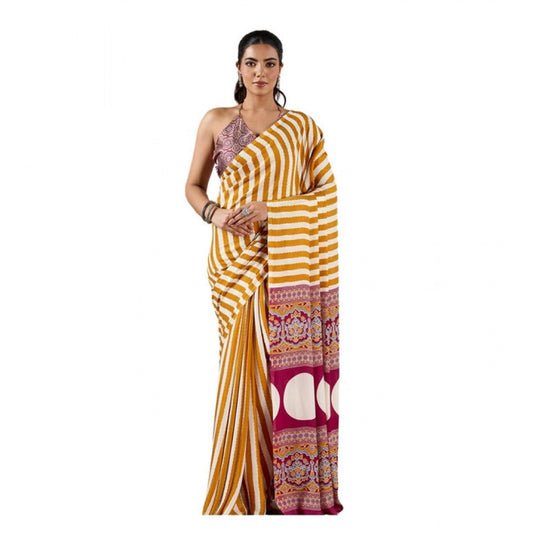 Amfyn Women's Satin Crepe Printed Saree With Unstitched Blouse 5.5Mtr (Mustard)