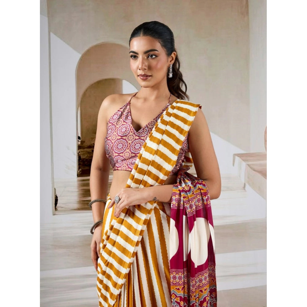 Amfyn Women's Satin Crepe Printed Saree With Unstitched Blouse 5.5Mtr (Mustard)