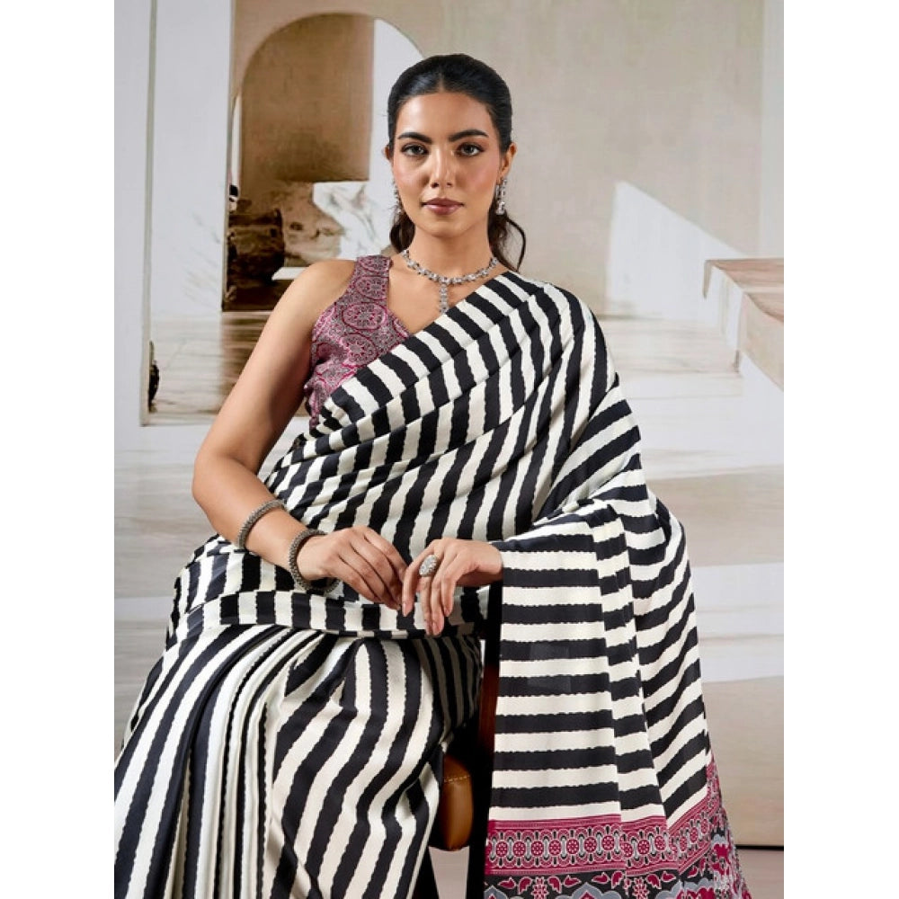 Amfyn Women's Satin Crepe Printed Saree With Unstitched Blouse 5.5Mtr (Black)
