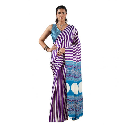 Amfyn Women's Satin Crepe Printed Saree With Unstitched Blouse 5.5Mtr (Purple)