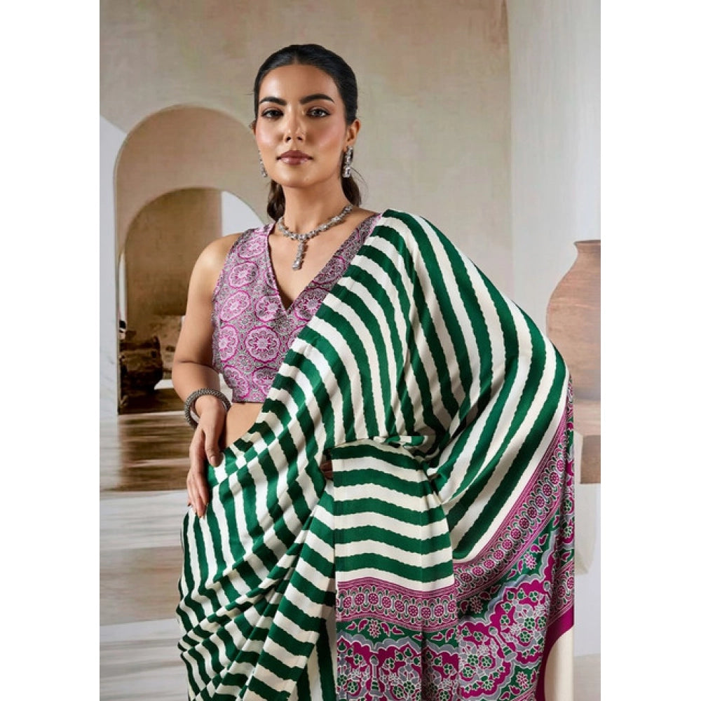 Amfyn Women's Satin Crepe Printed Saree With Unstitched Blouse 5.5Mtr (Green)