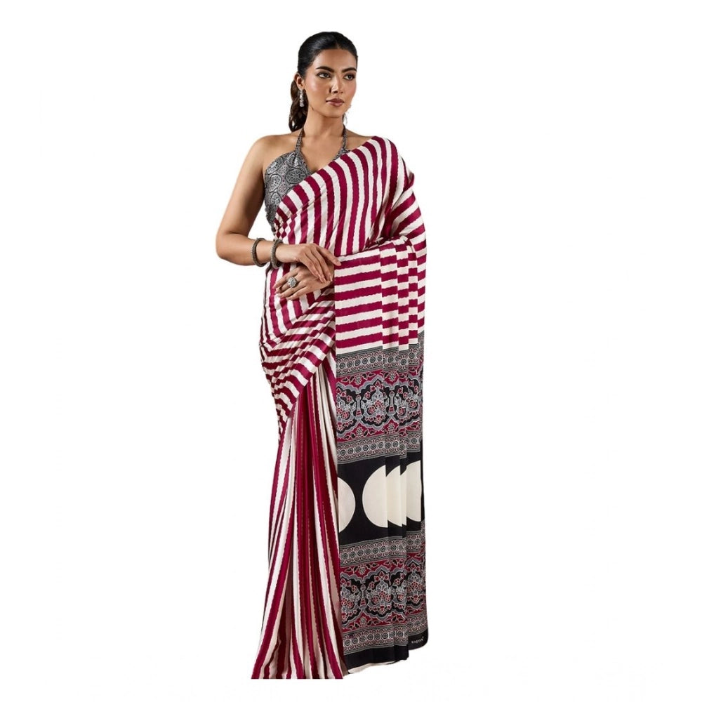 Amfyn Women's Satin Crepe Printed Saree With Unstitched Blouse 5.5Mtr (Maroon)