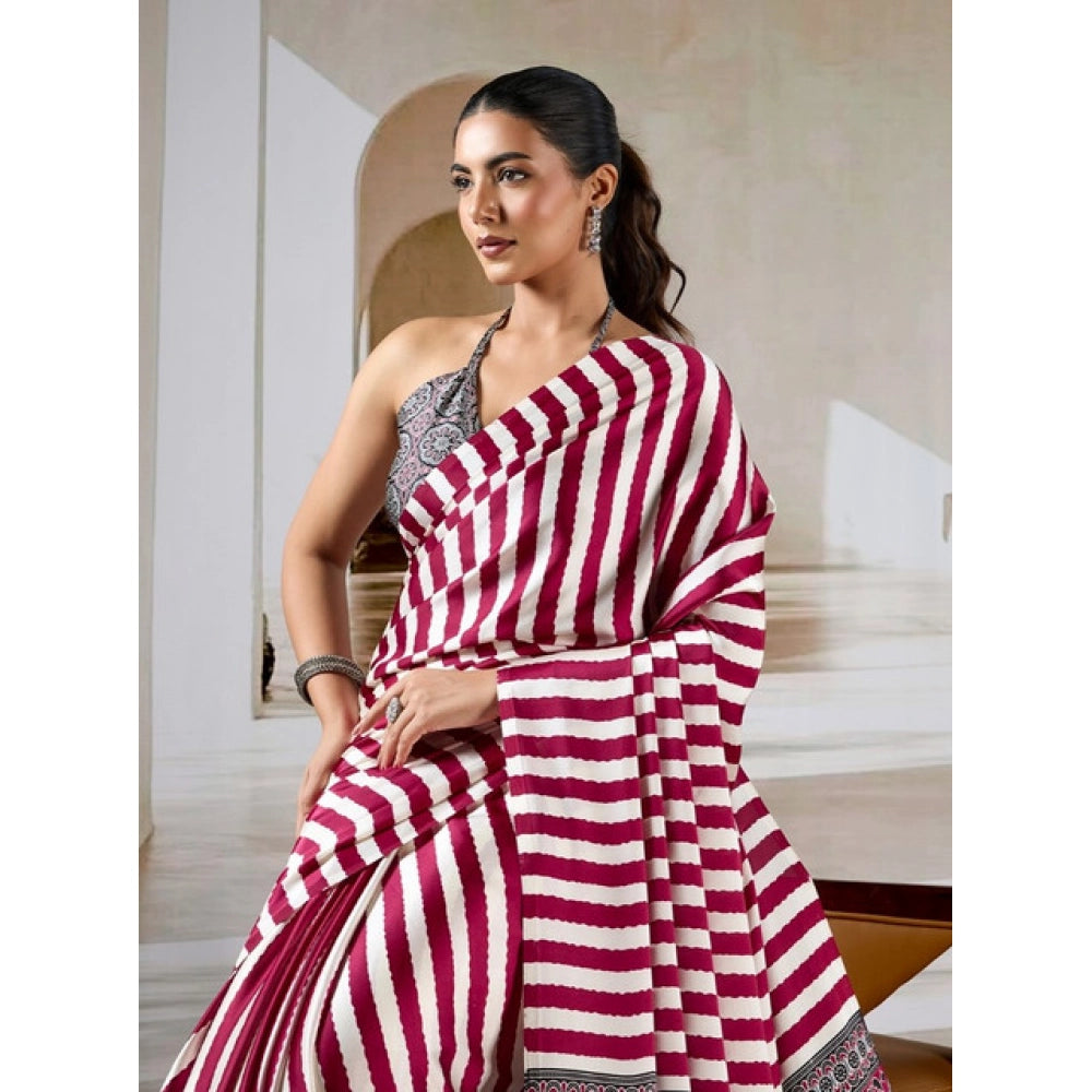 Amfyn Women's Satin Crepe Printed Saree With Unstitched Blouse 5.5Mtr (Maroon)