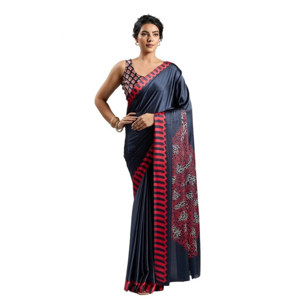 Amfyn Women's Satin Crepe Printed Saree With Unstitched Blouse 5.5Mtr (Navy Blue)