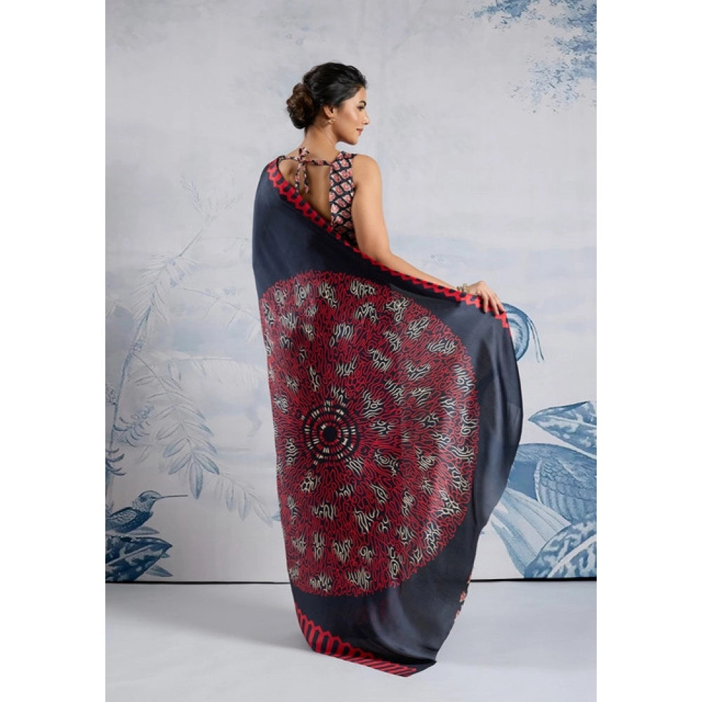 Amfyn Women's Satin Crepe Printed Saree With Unstitched Blouse 5.5Mtr (Navy Blue)