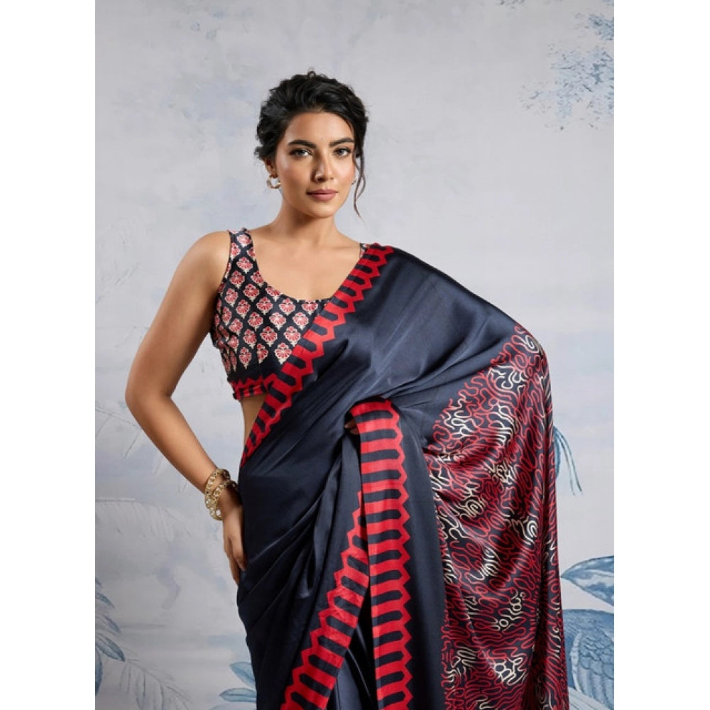 Amfyn Women's Satin Crepe Printed Saree With Unstitched Blouse 5.5Mtr (Navy Blue)