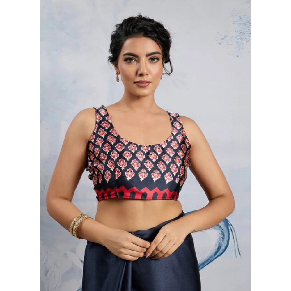 Amfyn Women's Satin Crepe Printed Saree With Unstitched Blouse 5.5Mtr (Navy Blue)