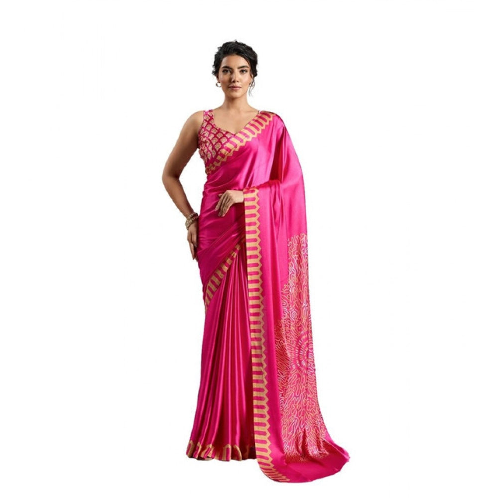 Amfyn Women's Satin Crepe Printed Saree With Unstitched Blouse 5.5Mtr (Pink)