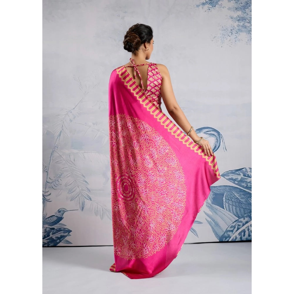 Amfyn Women's Satin Crepe Printed Saree With Unstitched Blouse 5.5Mtr (Pink)