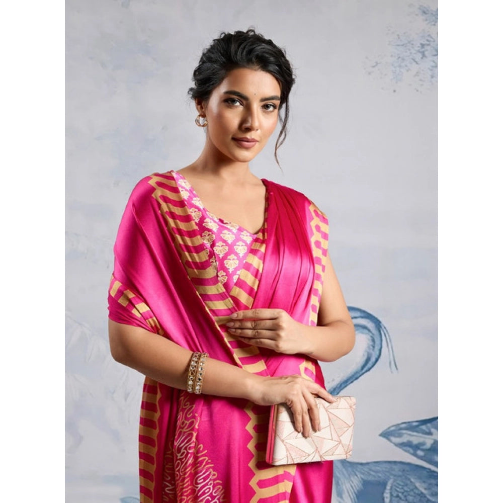 Amfyn Women's Satin Crepe Printed Saree With Unstitched Blouse 5.5Mtr (Pink)