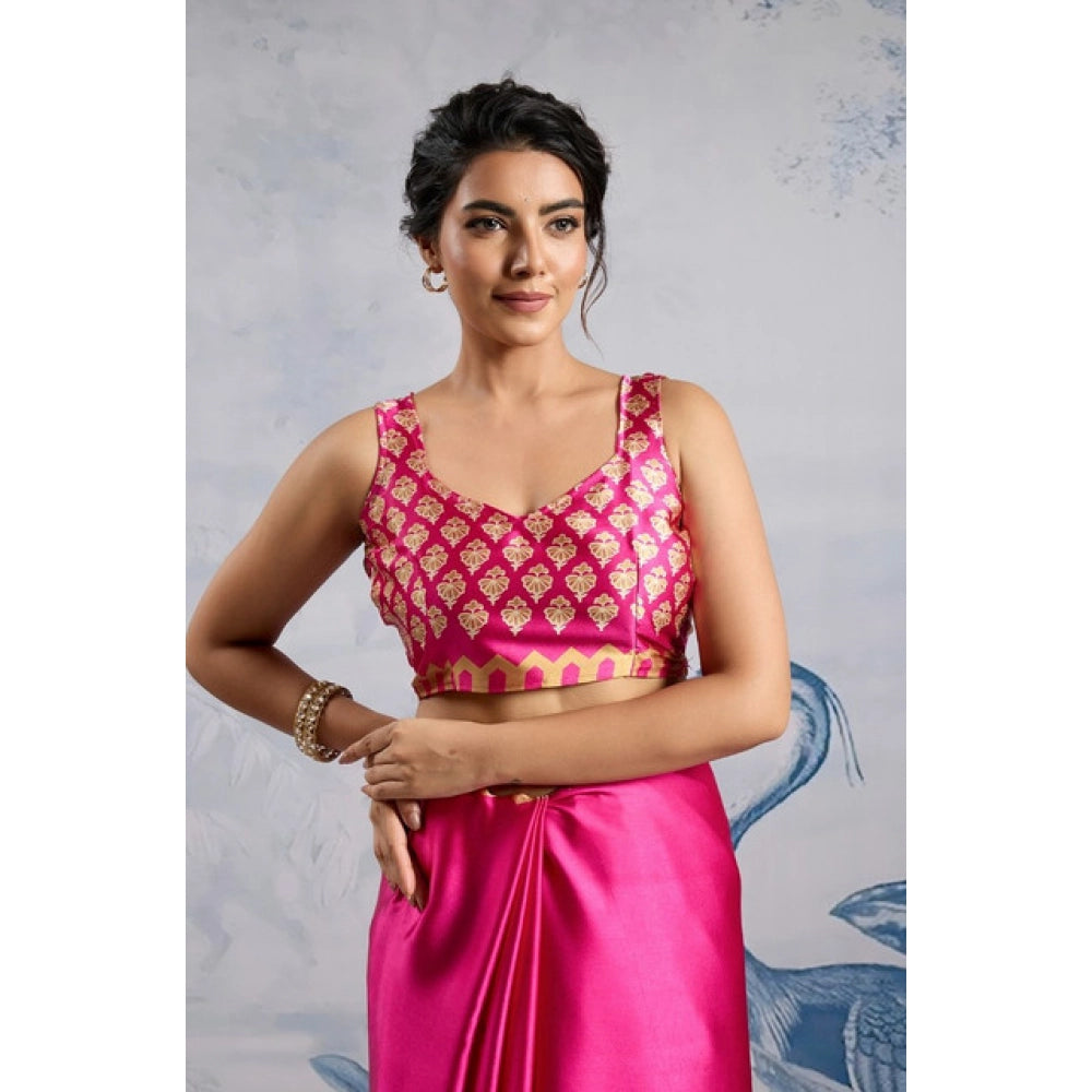 Amfyn Women's Satin Crepe Printed Saree With Unstitched Blouse 5.5Mtr (Pink)
