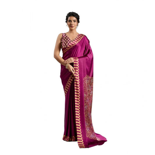 Amfyn Women's Satin Crepe Printed Saree With Unstitched Blouse 5.5Mtr (Purple)