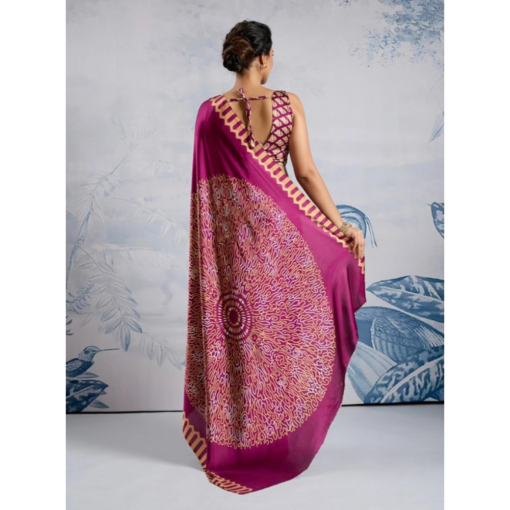 Amfyn Women's Satin Crepe Printed Saree With Unstitched Blouse 5.5Mtr (Purple)