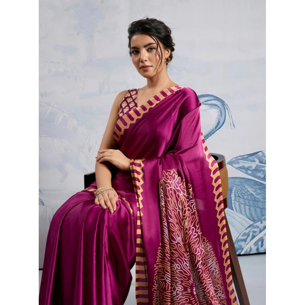 Amfyn Women's Satin Crepe Printed Saree With Unstitched Blouse 5.5Mtr (Purple)