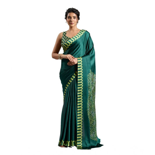 Amfyn Women's Satin Crepe Printed Saree With Unstitched Blouse 5.5Mtr (Green)