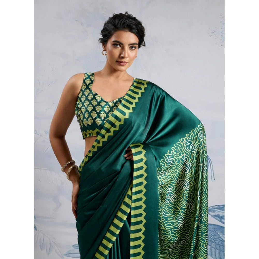 Amfyn Women's Satin Crepe Printed Saree With Unstitched Blouse 5.5Mtr (Green)