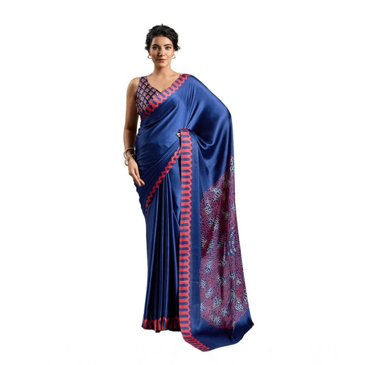 Amfyn Women's Satin Crepe Printed Saree With Unstitched Blouse 5.5Mtr (Blue)
