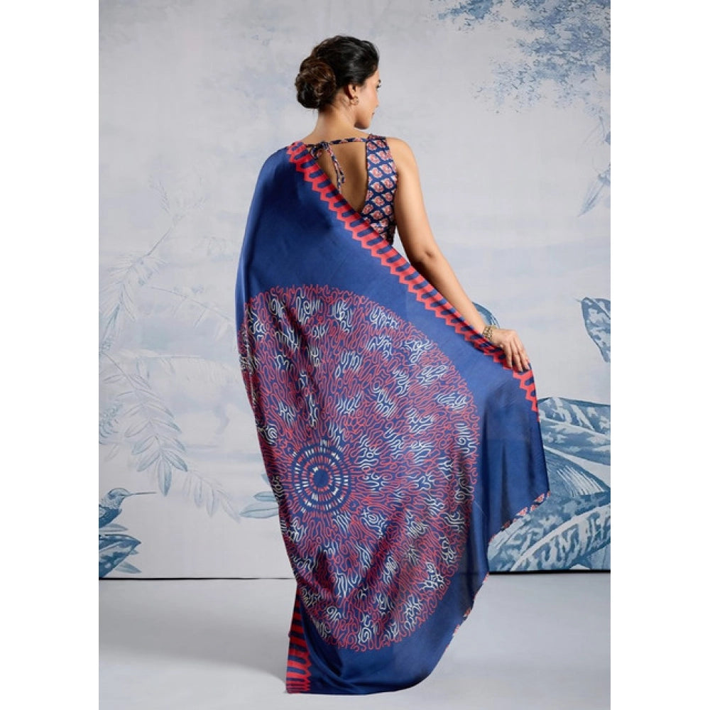 Amfyn Women's Satin Crepe Printed Saree With Unstitched Blouse 5.5Mtr (Blue)