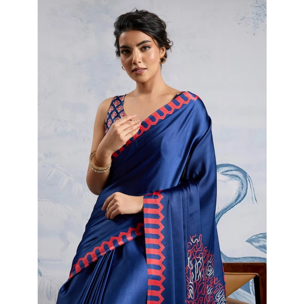 Amfyn Women's Satin Crepe Printed Saree With Unstitched Blouse 5.5Mtr (Blue)
