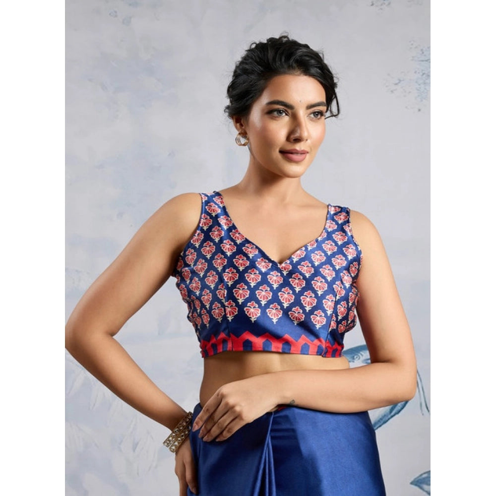 Amfyn Women's Satin Crepe Printed Saree With Unstitched Blouse 5.5Mtr (Blue)