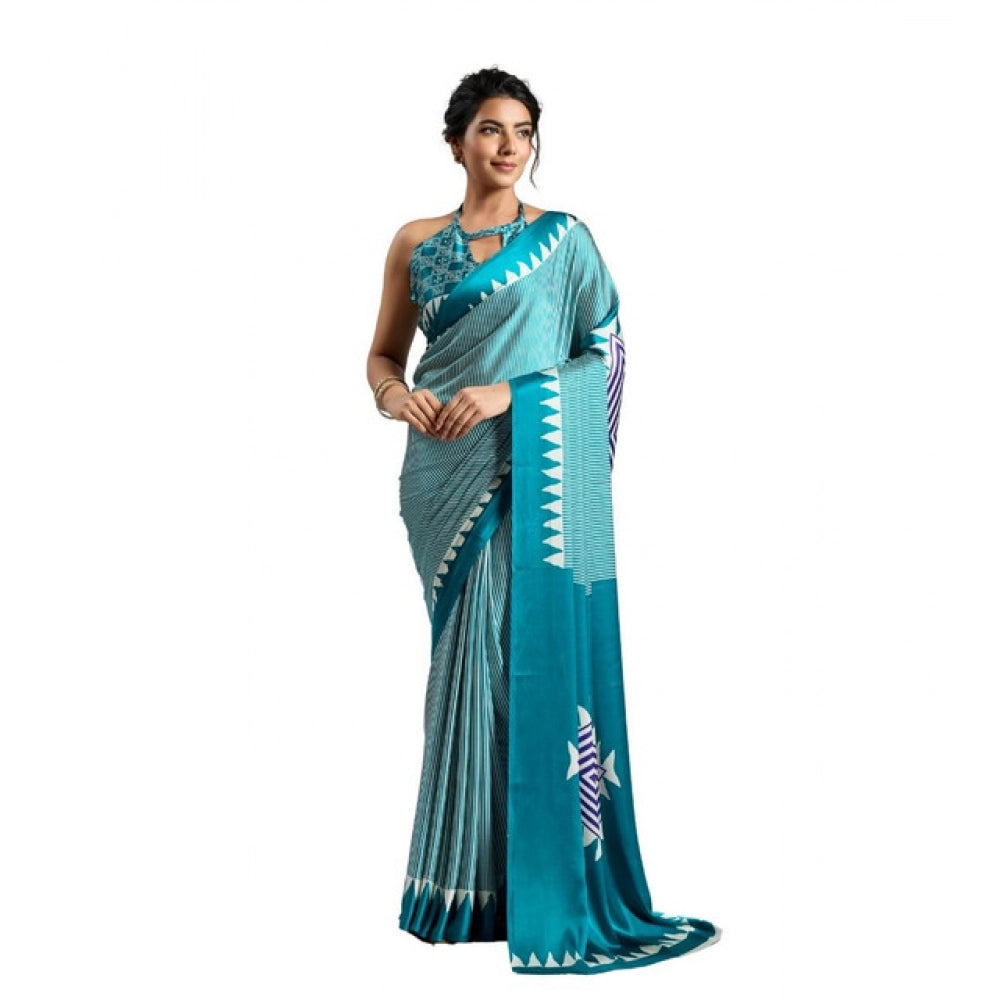 Amfyn Women's Satin Crepe Printed Saree With Unstitched Blouse 5.5Mtr (Rama Blue)