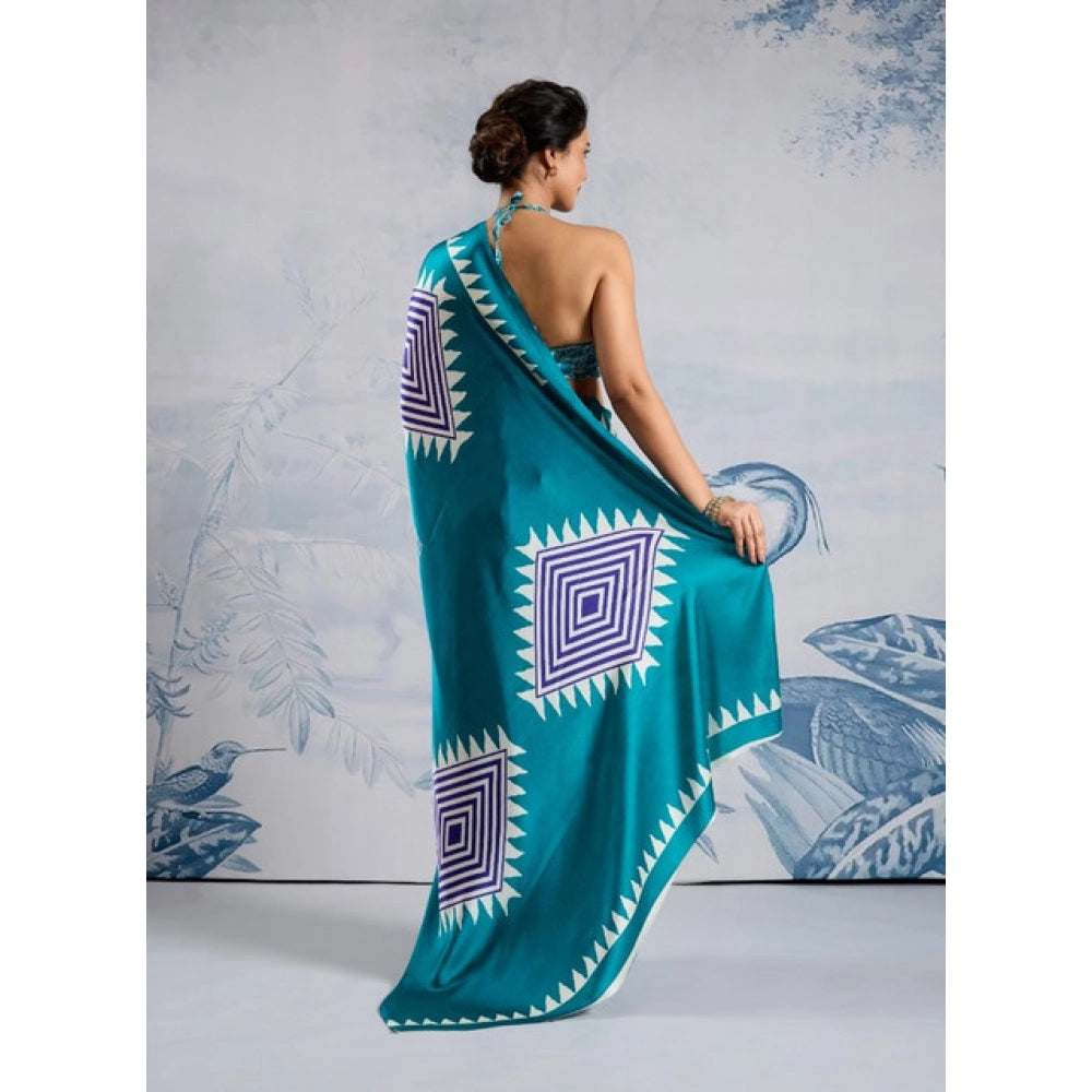 Amfyn Women's Satin Crepe Printed Saree With Unstitched Blouse 5.5Mtr (Rama Blue)
