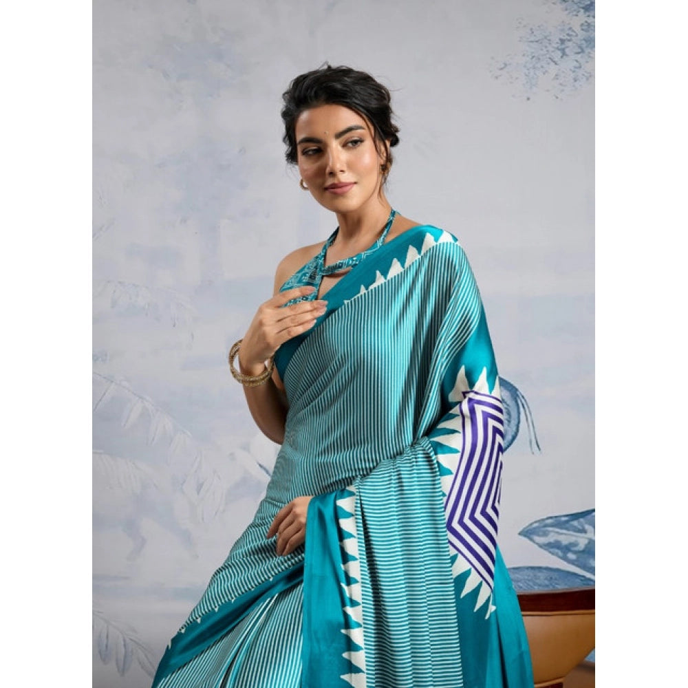Amfyn Women's Satin Crepe Printed Saree With Unstitched Blouse 5.5Mtr (Rama Blue)