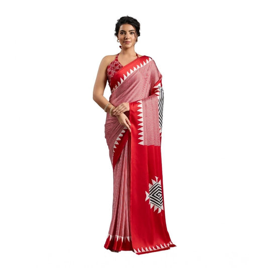 Amfyn Women's Satin Crepe Printed Saree With Unstitched Blouse 5.5Mtr (Red)