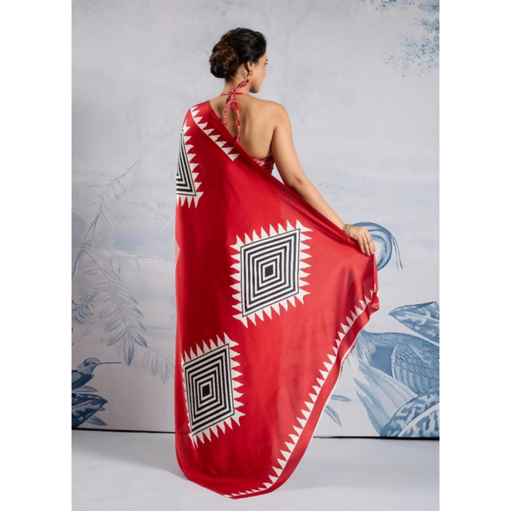 Amfyn Women's Satin Crepe Printed Saree With Unstitched Blouse 5.5Mtr (Red)