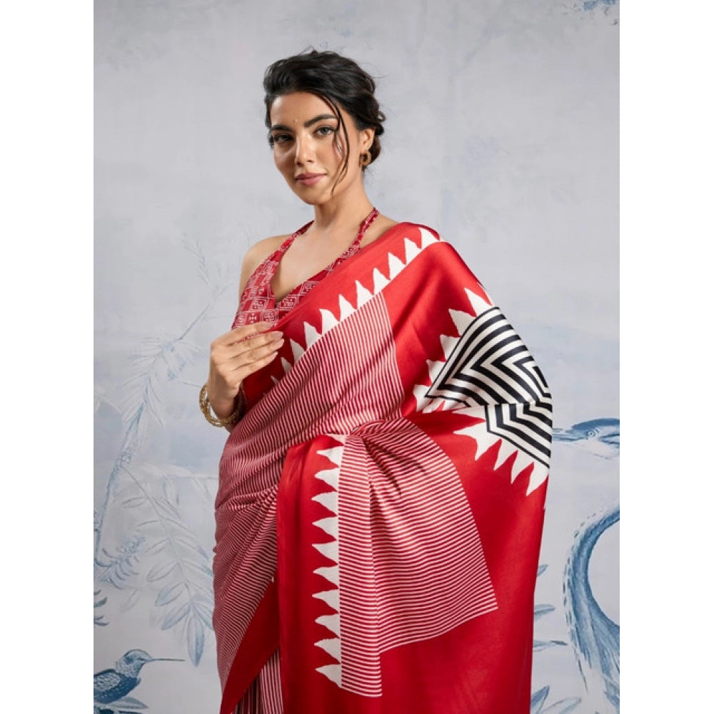Amfyn Women's Satin Crepe Printed Saree With Unstitched Blouse 5.5Mtr (Red)