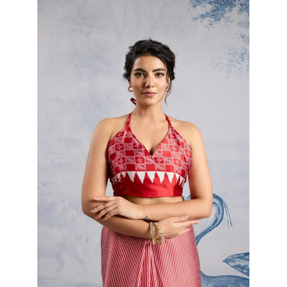 Amfyn Women's Satin Crepe Printed Saree With Unstitched Blouse 5.5Mtr (Red)