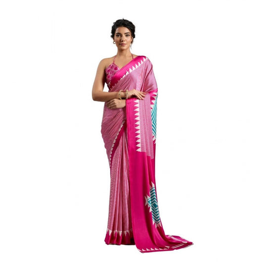 Amfyn Women's Satin Crepe Printed Saree With Unstitched Blouse 5.5Mtr (Pink)
