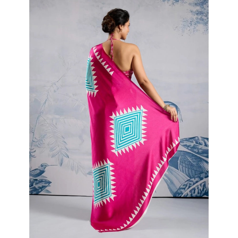 Amfyn Women's Satin Crepe Printed Saree With Unstitched Blouse 5.5Mtr (Pink)