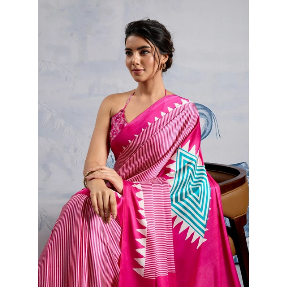 Amfyn Women's Satin Crepe Printed Saree With Unstitched Blouse 5.5Mtr (Pink)