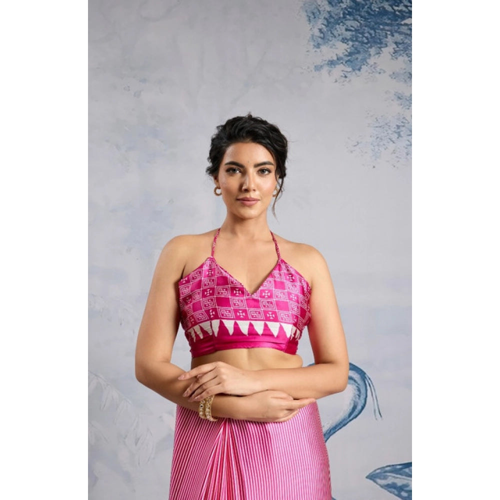 Amfyn Women's Satin Crepe Printed Saree With Unstitched Blouse 5.5Mtr (Pink)