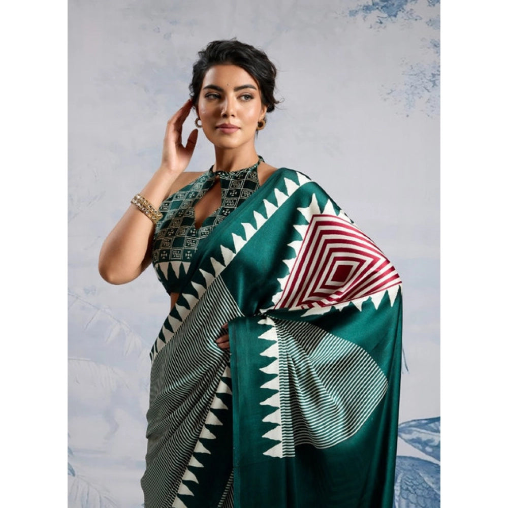 Amfyn Women's Satin Crepe Printed Saree With Unstitched Blouse 5.5Mtr (Green)