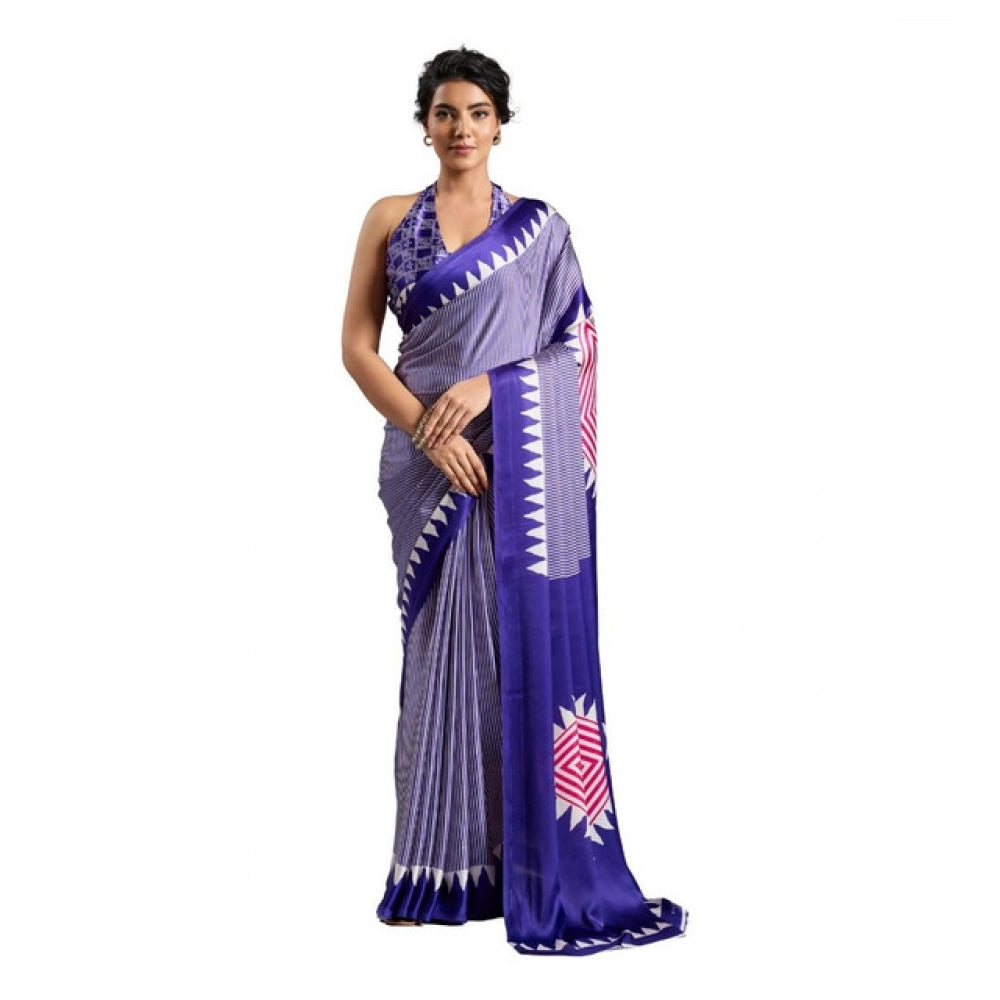 Amfyn Women's Satin Crepe Printed Saree With Unstitched Blouse 5.5Mtr (Purple)