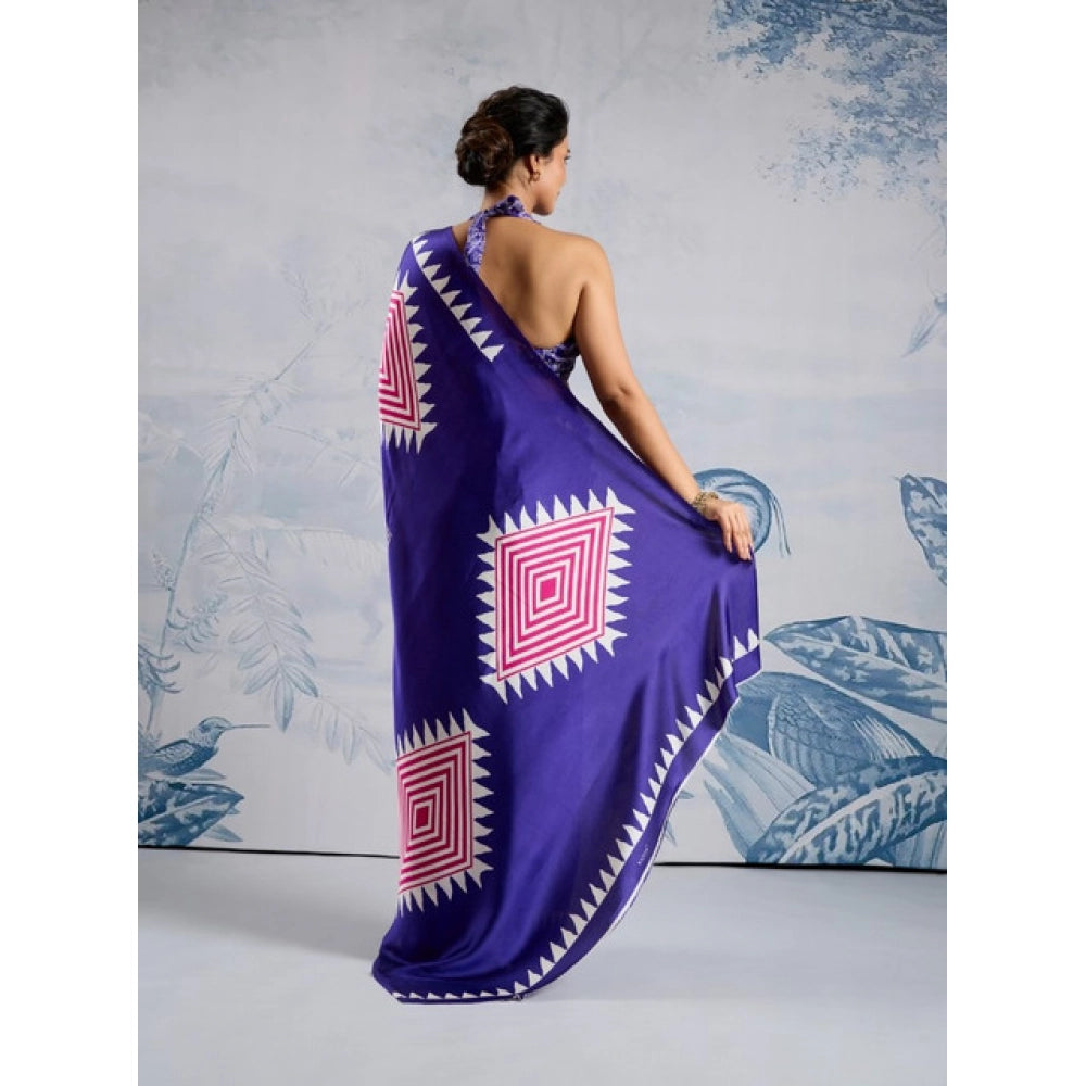 Amfyn Women's Satin Crepe Printed Saree With Unstitched Blouse 5.5Mtr (Purple)