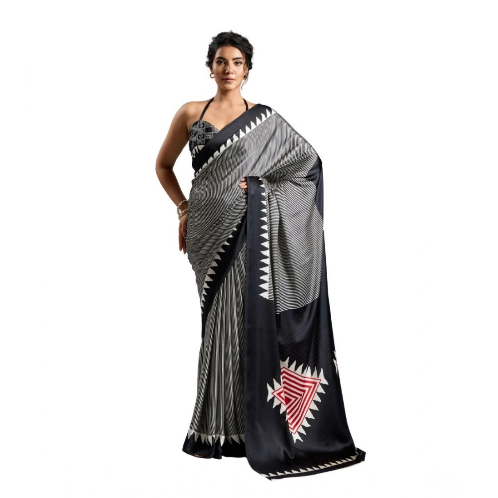 Amfyn Women's Satin Crepe Printed Saree With Unstitched Blouse 5.5Mtr (Black)