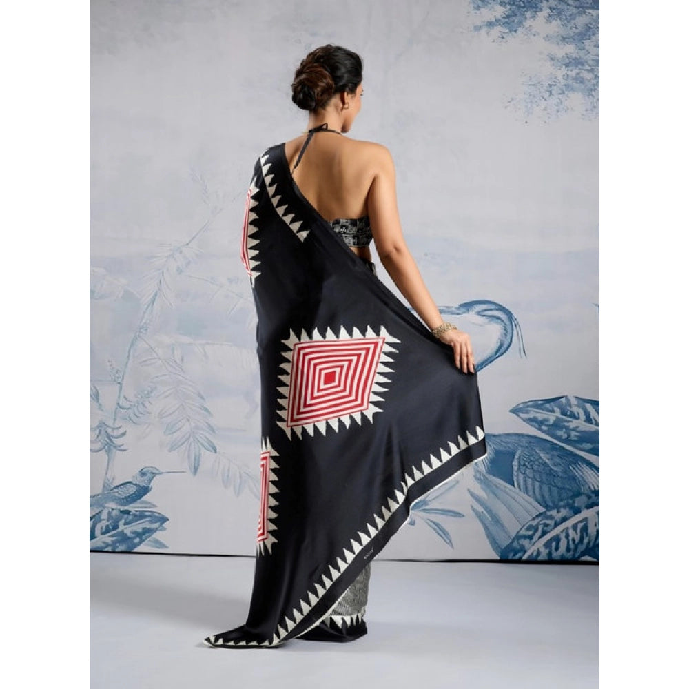 Amfyn Women's Satin Crepe Printed Saree With Unstitched Blouse 5.5Mtr (Black)