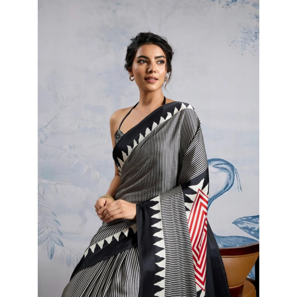 Amfyn Women's Satin Crepe Printed Saree With Unstitched Blouse 5.5Mtr (Black)