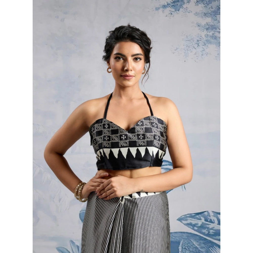 Amfyn Women's Satin Crepe Printed Saree With Unstitched Blouse 5.5Mtr (Black)