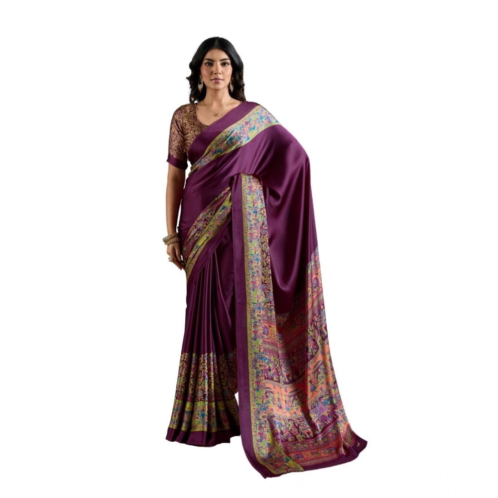 Amfyn Women's Satin Crepe Printed Saree With Unstitched Blouse 5.5Mtr (Purple)